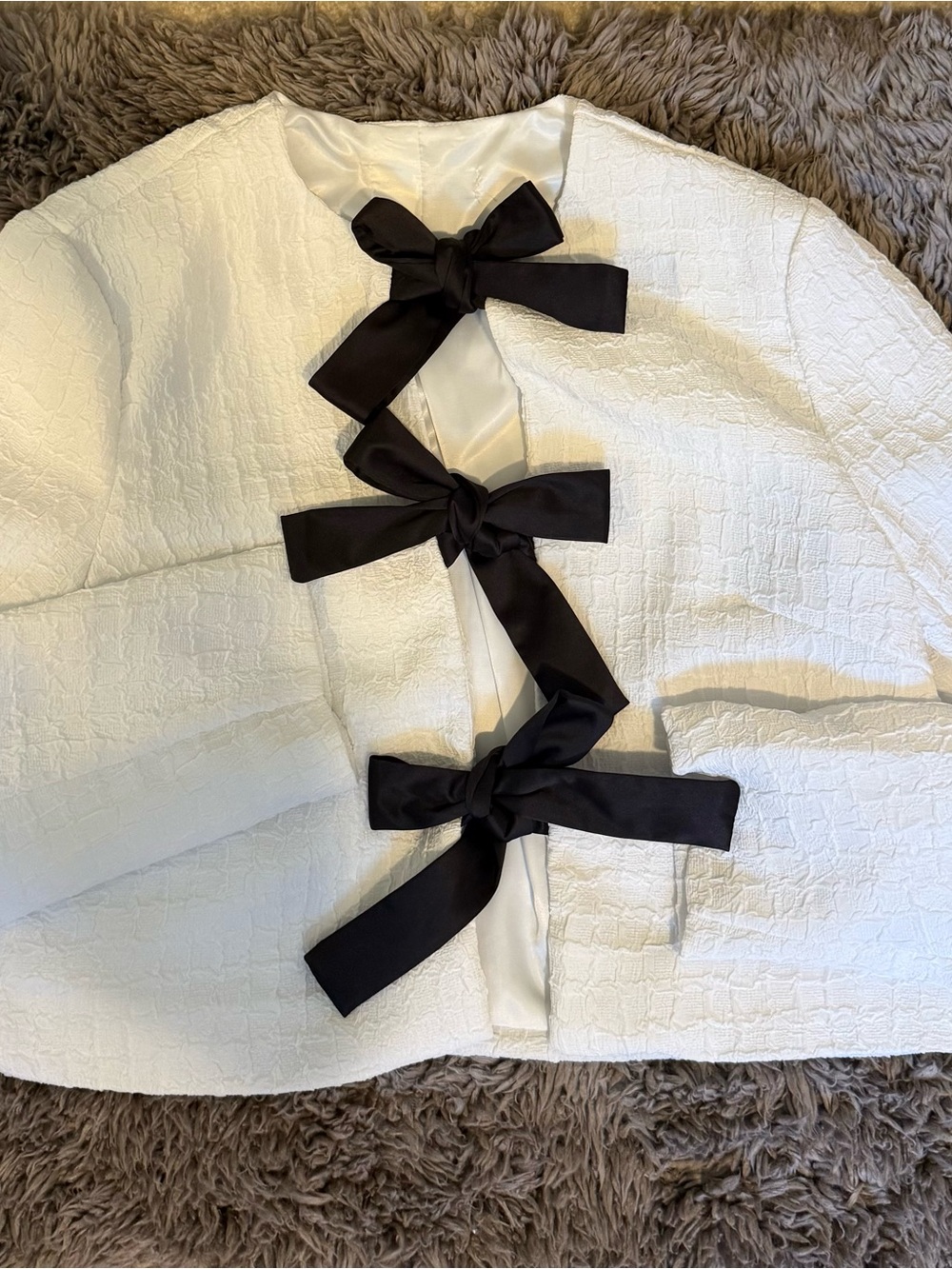 Zara White Textured Jacket with Black Bow Closures